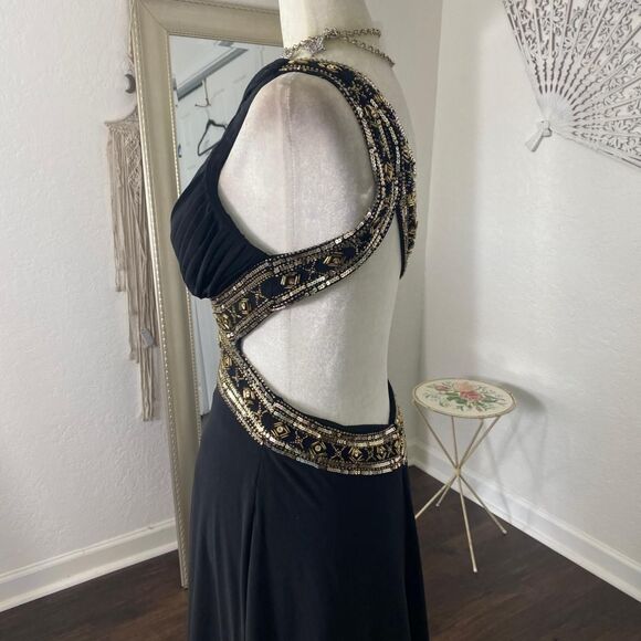 Betsy & Adam Black One Shoulder Dress with Gold Accents - Picture 6 of 9